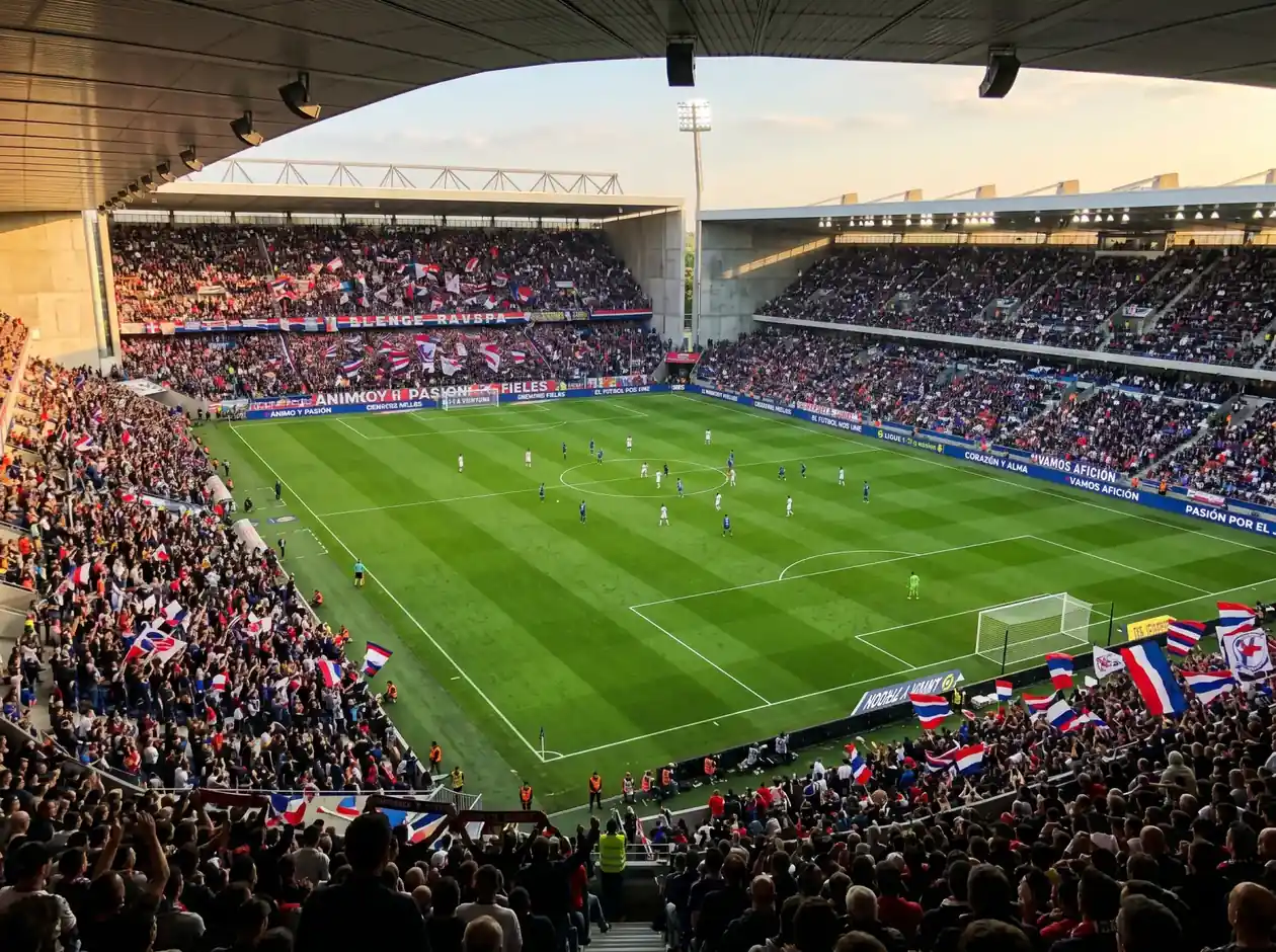 Estadio de la Ligue 1 con afición francesa en las gradas durante un partido nocturno